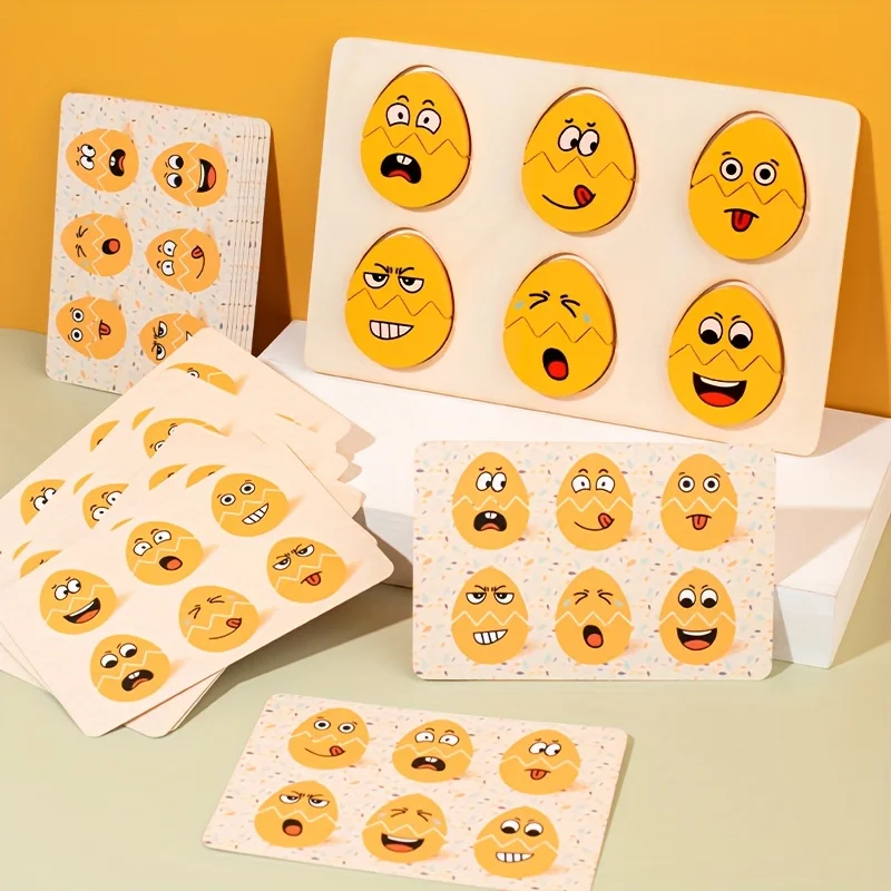 Facial Expressions Eggs Multiple Game Modes Wooden Easter Eggs Montessori Toy Emotion Puzzles Early Education for Boys Girls 2