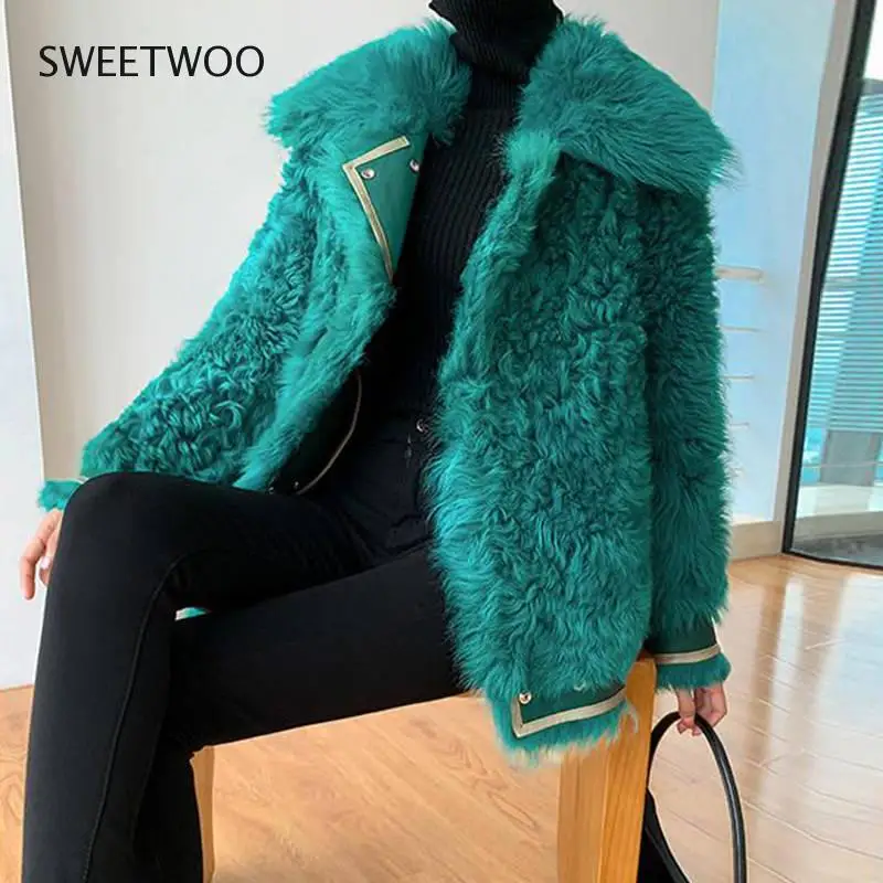 Faux Fur Sheepskin Coats for Women Winter Fashion Wool Coat Female Warm Turn Down Collar Outwear Sheep Shearing New Jacket 2022 2021 winter fur coat patchwork leopard turn down collar coats oversized neon green faux fur woolen warm jacket streetwear women