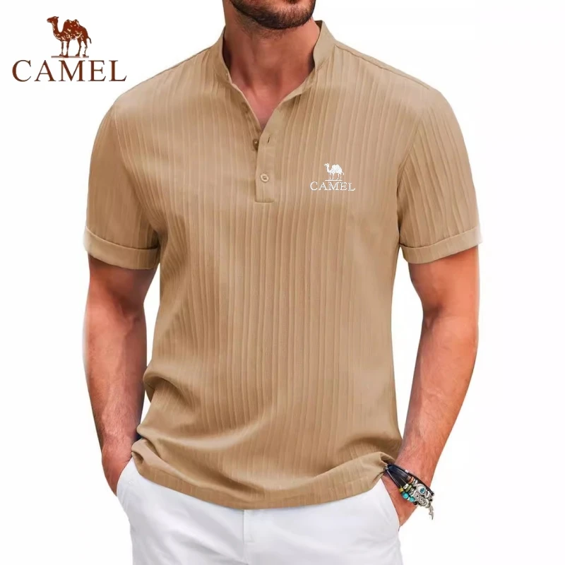 High End Embroidered CAMEL Cotton and Linen Striped Henry Polo Shirt, New Summer Men's Retro Fashion Casual Short Sleeved Top 11 Sd2a5ddcc413a40a4b58527cd3a5231f1V