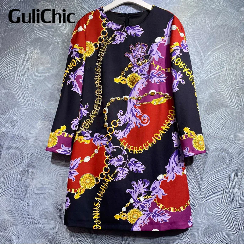 

10.9 GuliChic Women Fashion Desing Vintage Print Crystal Beading Crew Neck Long Sleeve Loose Mini Dress