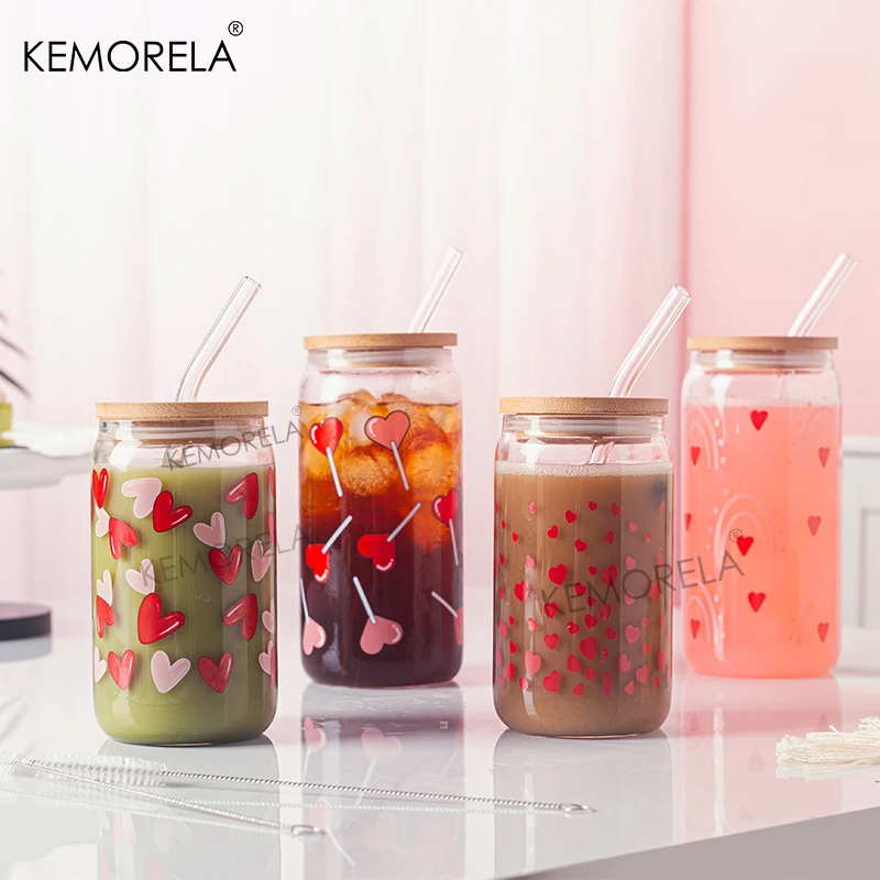 Drinking Glasses Set 1PCS Heart Shape Printed Coke Glass Tumbler With Bamboo Lid Straw Milk Beer Can Romantic Valentine's Day Glass Tumbler Gift