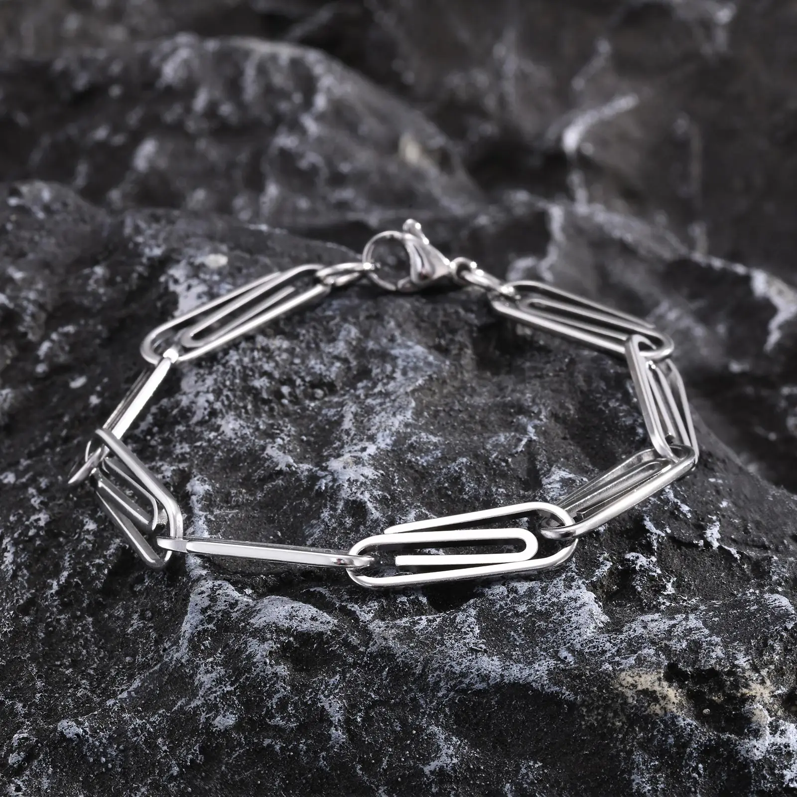 Büroklammer-Kettenarmband für Männer, lässige, stilvolle Hip-Hop-Armbänder aus Edelstahl, lässiges, stilvolles Armband mit rechteckigen Gliedern – Detail 6