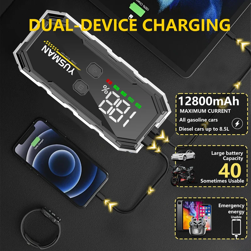 Car Jump Starter Jump Starter Car Battery Charger Portable Battery Charger 4000A Car Jump Starter 12800mAh Power Bank Car Booster Device Charger Battery less Portable Starting for Emergency Device