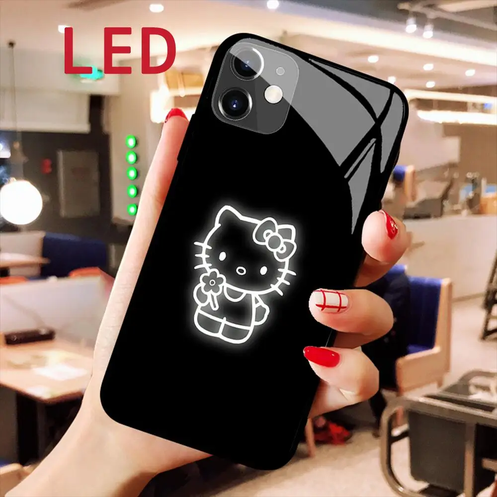 iphone 12 case HelloKitty Animation Glass phone Case For IPhone 13 12 11 Pro Max XS  Max 8Plus 7plus LED Luminous Call Light Flash cover iphone 12 wallet case