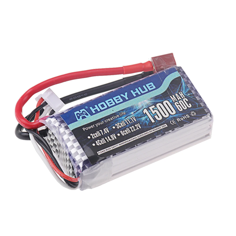 Vue de profil de la batterie LiPo 11.1V 2200mAh XT60 pour hélicoptère RC