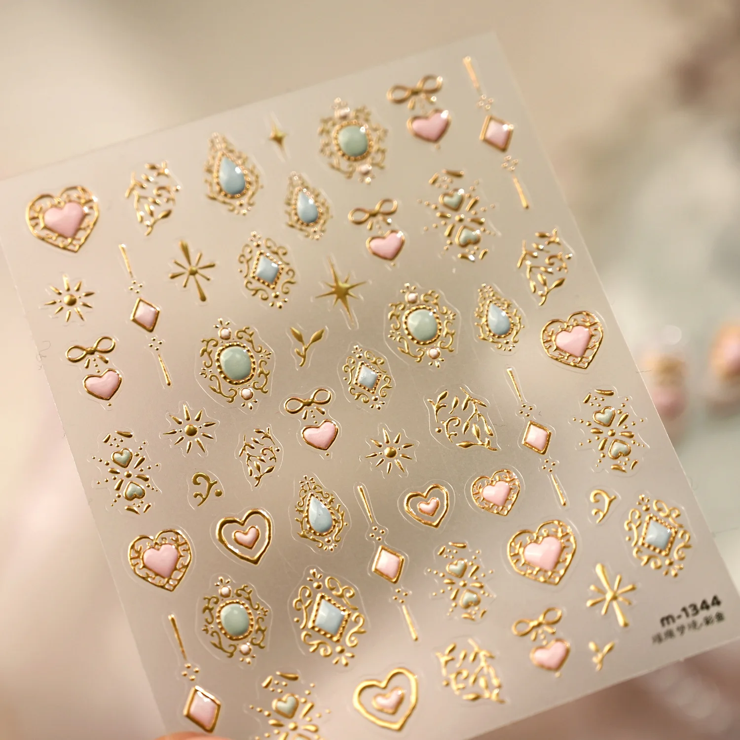 Lila Rosa Herz 5D Nagelkunst-Aufkleber Goldrand Kirschblüte Stern Achteckiger Stern Perle Schleife Edelstein Selbstklebende Nagelsticker DIY – Detail 19