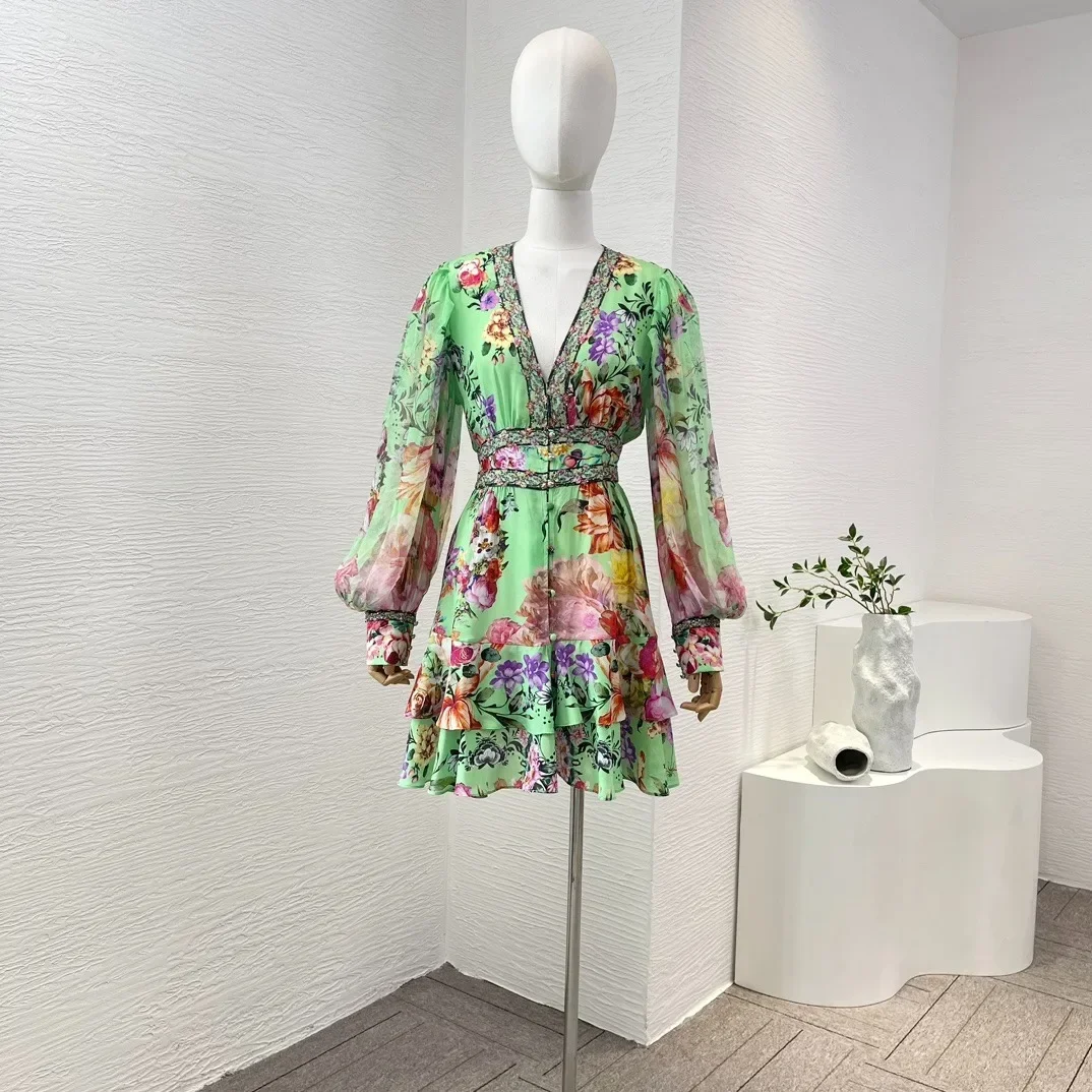 

Green Floral Print Long Sleeve Diamonds Pressed V-Neck 2024 High Quality Pure Silk Women Mini Dress