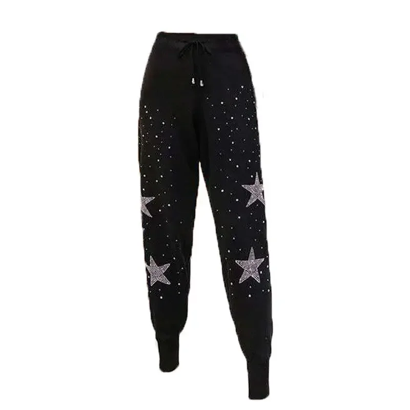 2021 Autumn New Women's Korean Version of The Nine-point Lace-up Stretch Black Hot Diamond Pants High-waisted Harem Sweatpants