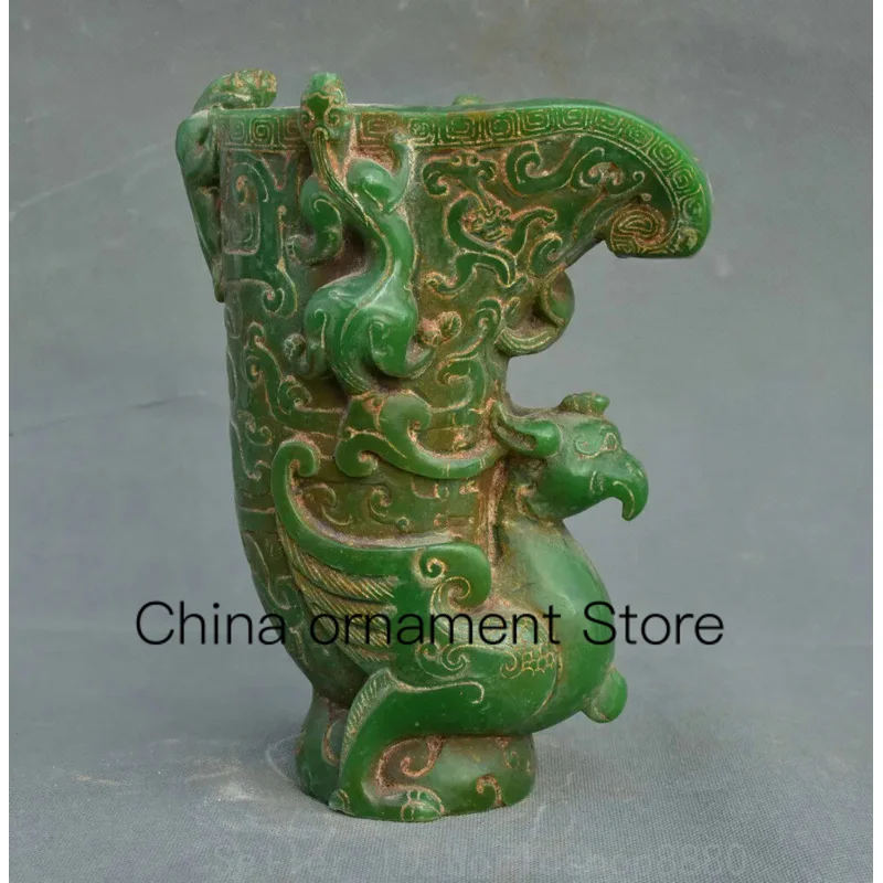 

7.8" Old Chinese green jade carving 3 beast Bird respect Phoenix bird cup