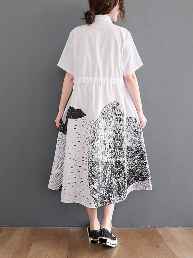 Black Print Pattern Shirt Dresses For Women New Korean Fashion Sash Short Sleeve Casual Loose Vintage Summer Dress Clothing 2025