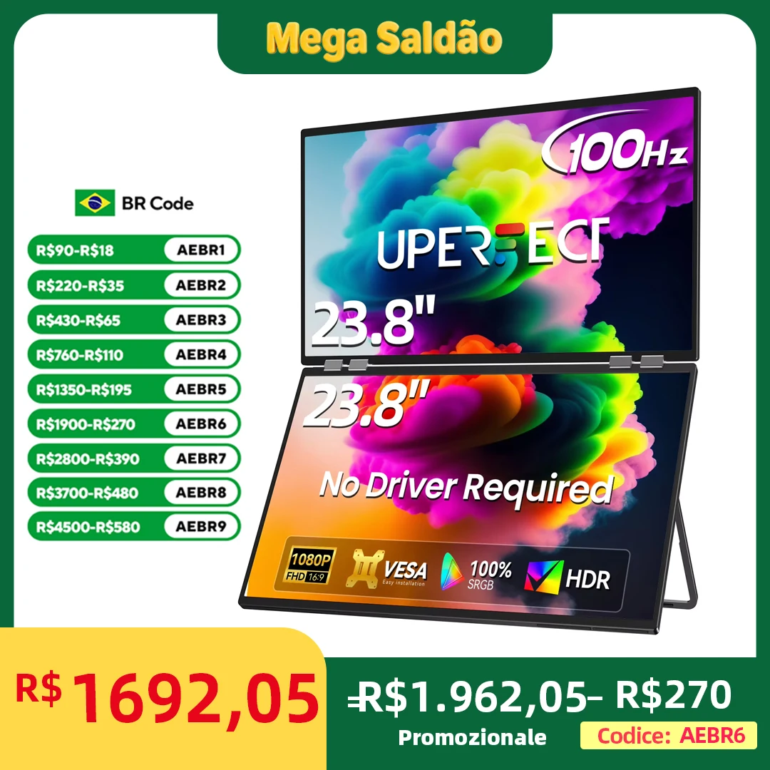 UPERFECT Delta Mega 23,8 polegadas 100Hz tela dupla empilhada monitor de computador 1080P 360° dobrável triplo extensor monitor com alto-falantes VESA para laptop PC telefone console de jogos - AliExpress 7