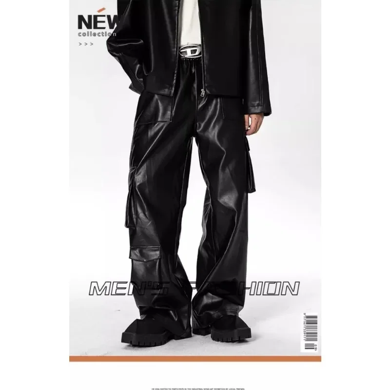Men Spring and Autumn Multi-pocket Cargo Pants Casual Pants American Hiphop Street Punk Leather