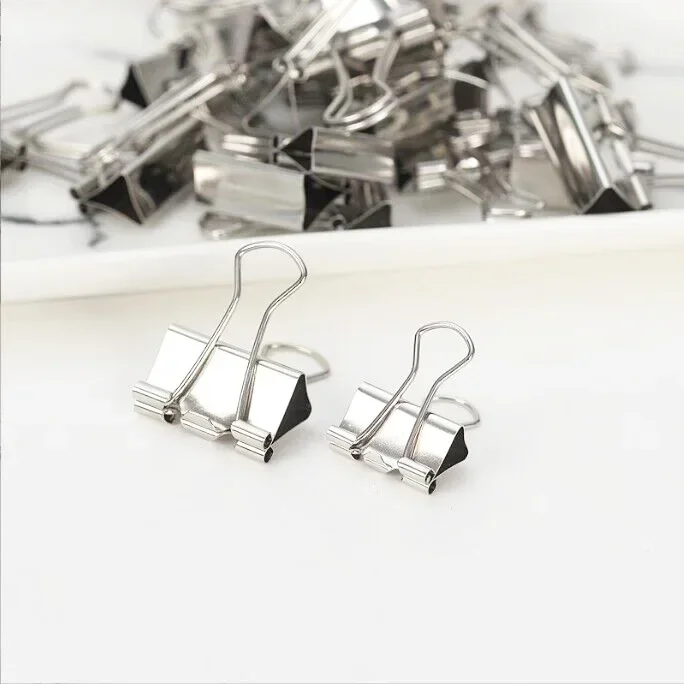 10PCS/Set Metal Paper Clip 15 19 25 32mm Foldback Metal Binder Clips Silver Grip Clamps Paper Document Office School Stationery