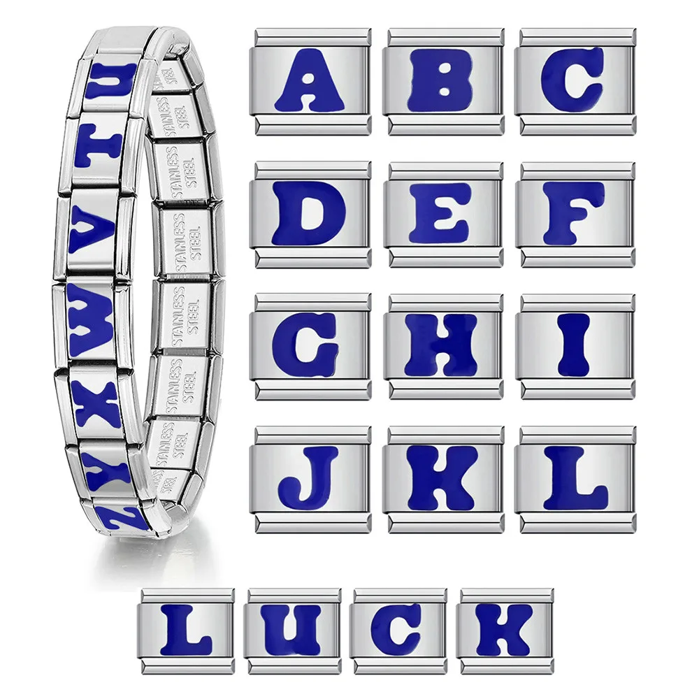 Design Classic Blue Englisch 26 Buchstaben A-Z Edelstahl italienische Links Charm passend für 9 mm Schmuck DIY Herstellung Damen Herren Armbänder