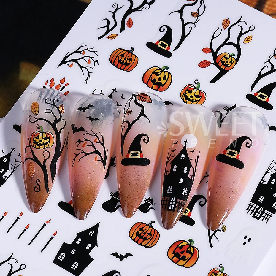 5pcs Halloween Pumpkin Nail Stickers Self Adhesive Cute Cartoon Ghost Spider Cat Design Nail Decals Silder Manicure Decoration