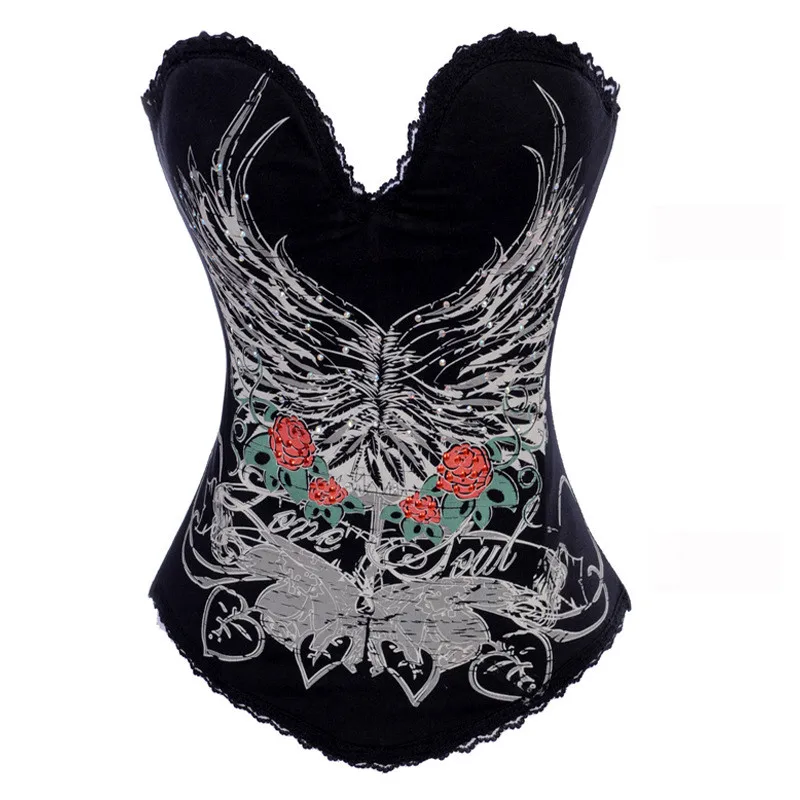 Wings Floral Pattern Cotton Overbust Corsets Women Gothic Punk Bustiers Burlesque Costume Sexy Vintage Korsett with Rhinestone