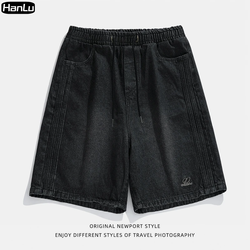 Men's Summer New Vintage Denim Side Panel Shorts Men's Casual Loose Blue Jeans Shorts Elastic Waistpack Shorts