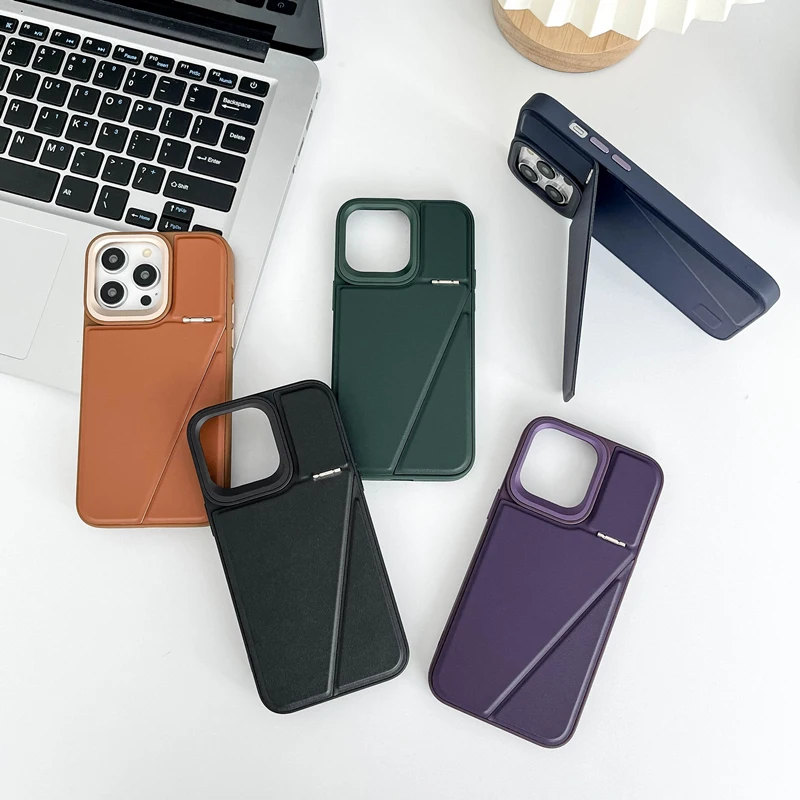 

INS Invisible Folding Stand Holder Phone Case For iPhone 15 15Pro Max 14 Pro 13 12 Simple Solid Color Soft PU Leather Back Cover