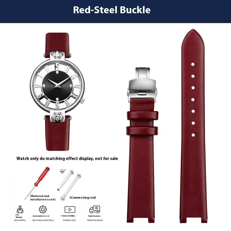 Women's Genuine Leather Cowhide Watchband with Notched 16mm Butterfly Buckle