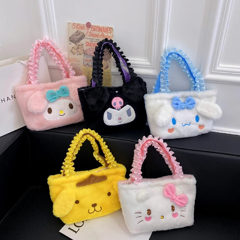

New Sanrio Kawaii My Melody Hello Kitty Pom Pom Purin Kuromi Cinnamoroll Plush Dolls One-Shoulder Bag Large-Capacity Handbag