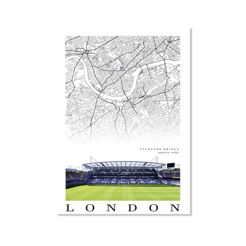 UK Football Stadium City Map Canvas Wall Art - Black and White Soccer Fan Home Decor (Unframed)