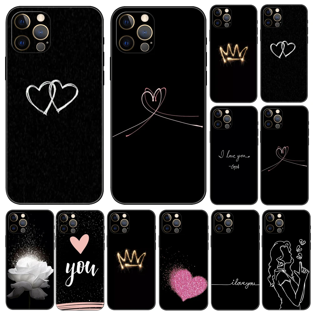 

Heart love crown phone case for iphone 14 2020se 6 6s 7 8 plus x 10 XR XS 11 12 13 mini pro MAX soft black tpu back cover