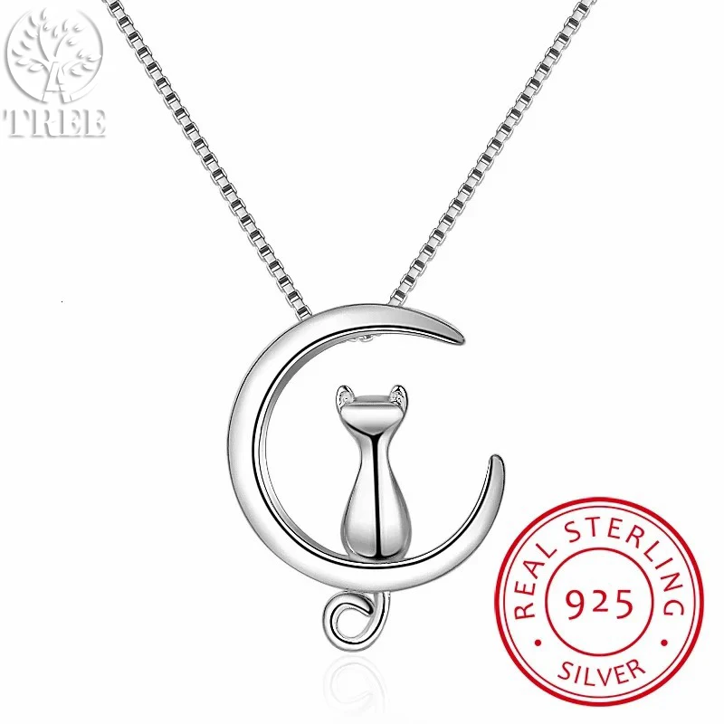 925 Sterling Silver Necklace For Women Moon Kitten Cat Pendants Necklaces Party Birthday Fashion Charm Jewelry Kolye pendant necklace silver necklace silver pendant silver necklace charms