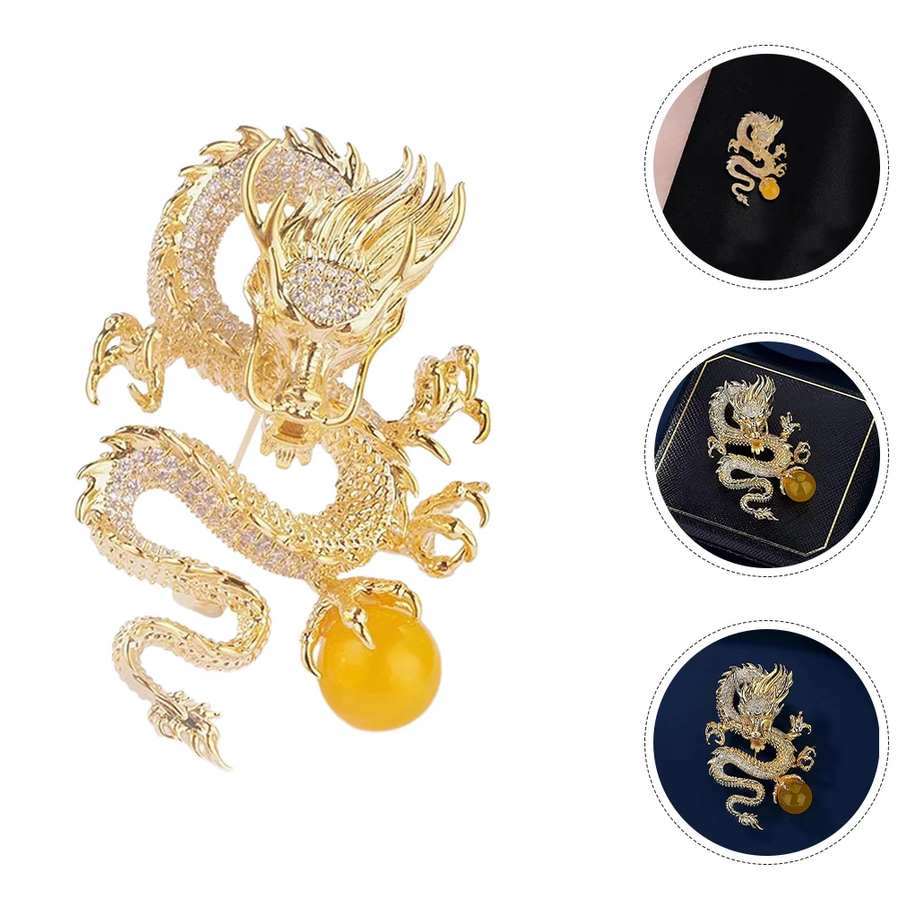 

Golden Dragon Playing with Pearls Brooch Lapel Pin Decorate Chinese Luxury Rhinestones for Her Women Miss