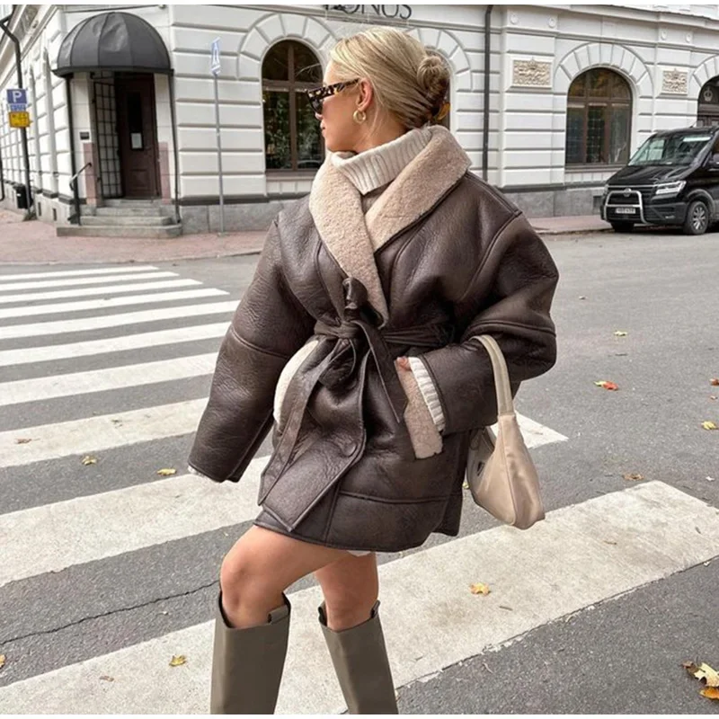 

Women Fashion Oversized Fake Shearling Jackets Winter Thick Warm Faux Teddy Fur Belt Pocket Coat Lady High Street Vintage Jacket