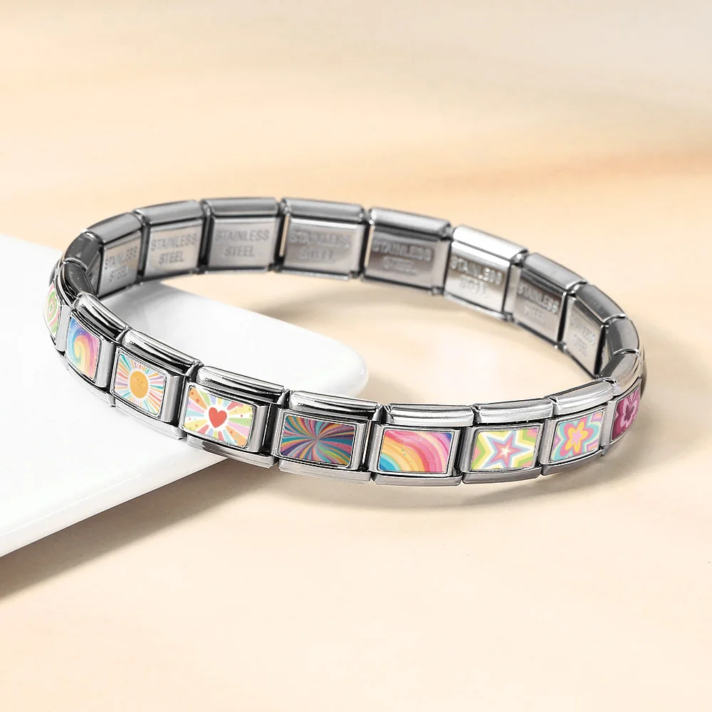 GEMOSA 1 Stück Regenbogenfarbenes Muster Italienischer Charm-Anhänger Passend für 9mm Edelstahl Original-Design Armband Schmuckherstellung DIY – Detail 4