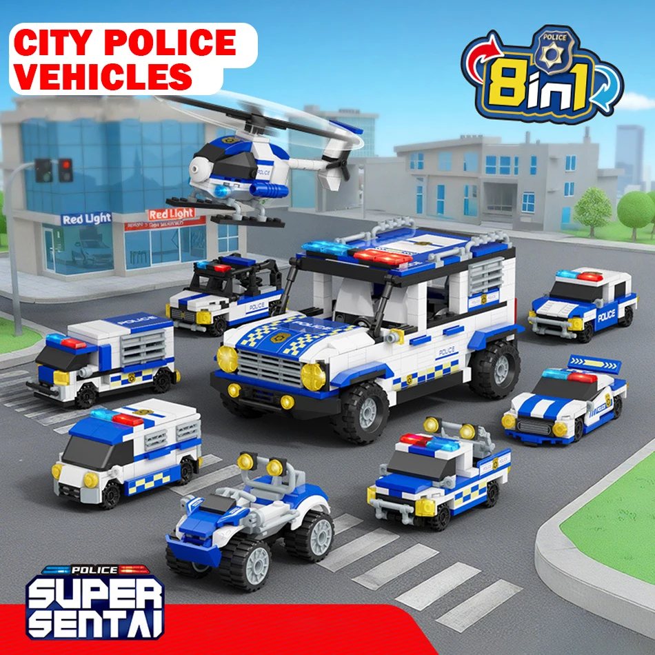 8 IN 1 City Police Vehicles Building Blocks Patrol Sports Car ...