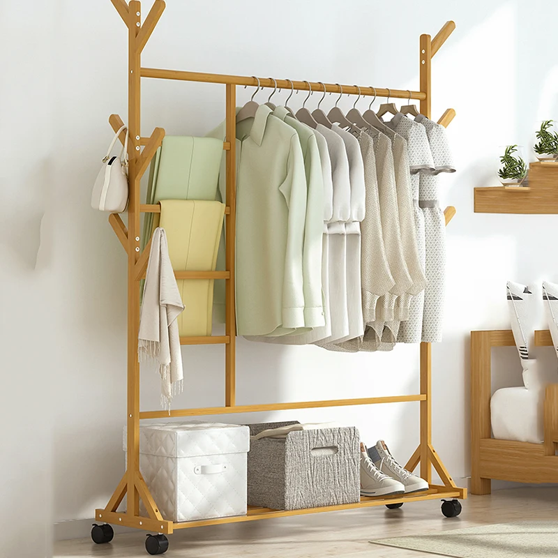 Bamboo Standing Clothing Coat Rack Wooden Design Vertical Entrance