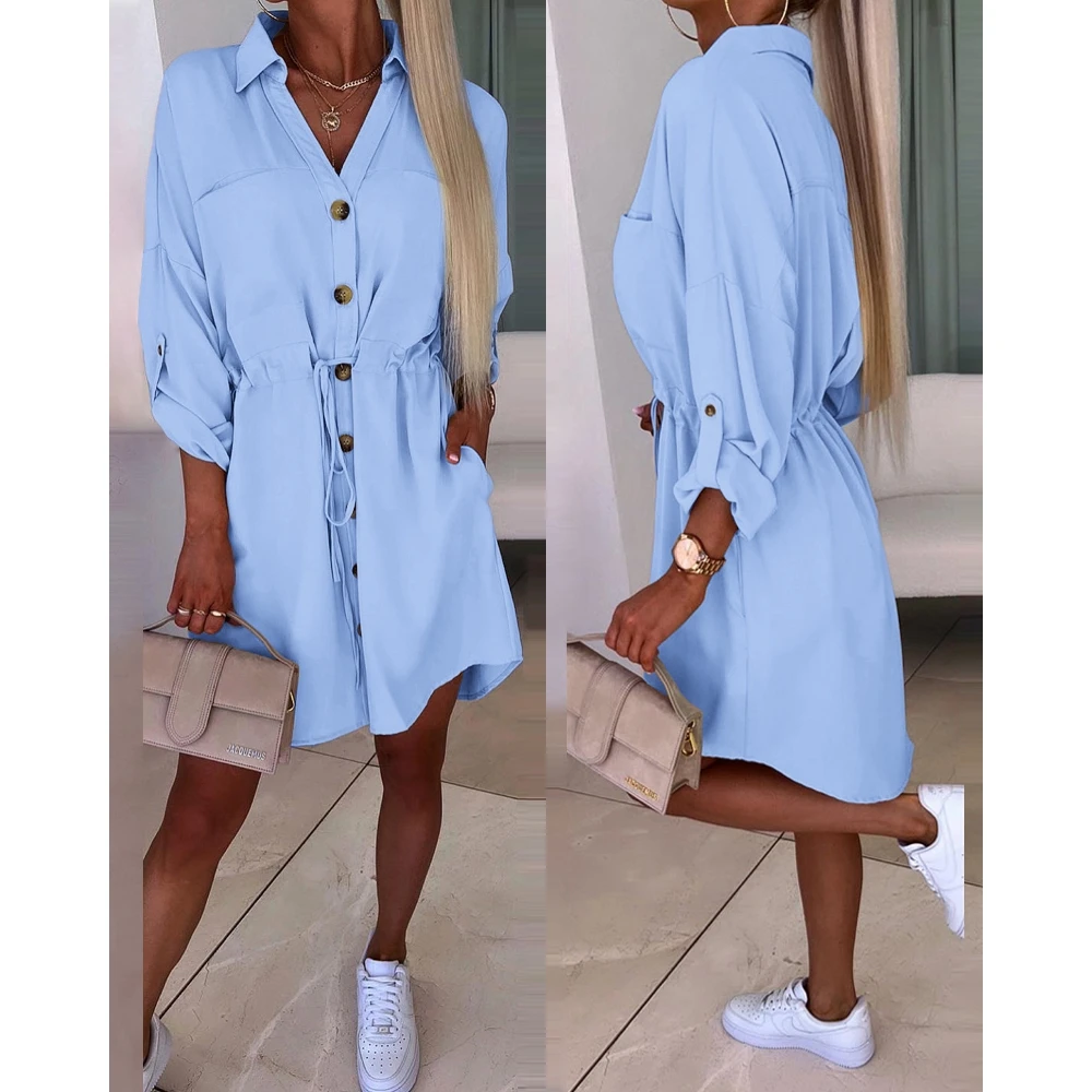 

Summer Women Long Sleeve Buttoned Ruffle Hem Shirt Dress Fashion Femme Party Mini Vacation Dress 2023 Lady Wear