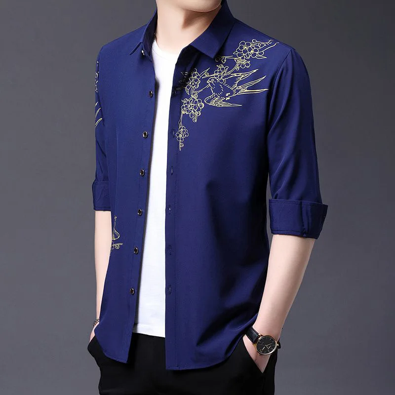 Fashion Lapel Button All-match Printed Business Shirts Men's Clothing 2023 Autumn New Oversized Casual Tops Asymmetrical Shirt