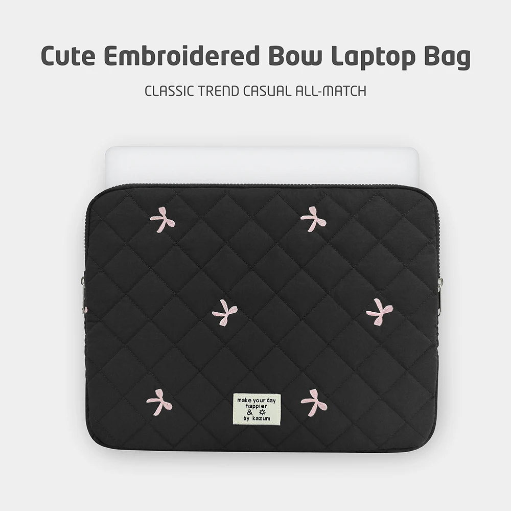 Elegant Bow Embroidery Laptop and Tablet Sleeve Case - Soft Protective Cover for 13 to 16 Inch Devices