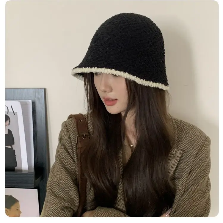 

Hats for women in autumn and winter, new internet trend plush thickened patchwork fisherman hat for small face, versatile and wa