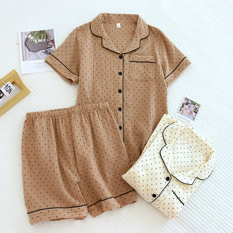 2023 Japanese New Women's Pajama Set Cotton Crepe Short Sleeve Shorts Two Piece Set Cute Dot Large Women's Home Furnishing