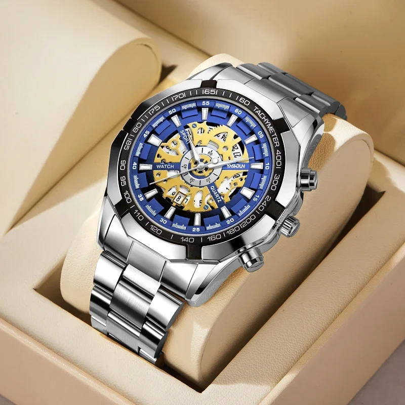 Luxury Men's Stainless Steel Waterproof Quartz Watch with Skeleton Design