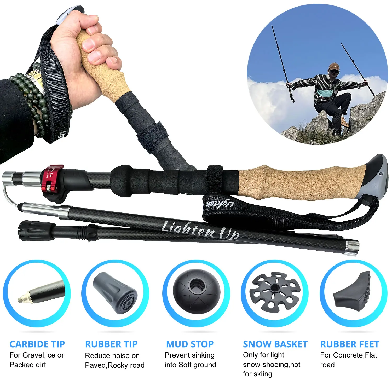 Expandable Carbon Fibre Outdoor Trekking Poles EVA Cork Quick Adjustable Locks Walking Sticks Ultralight Poles for Men Women 3