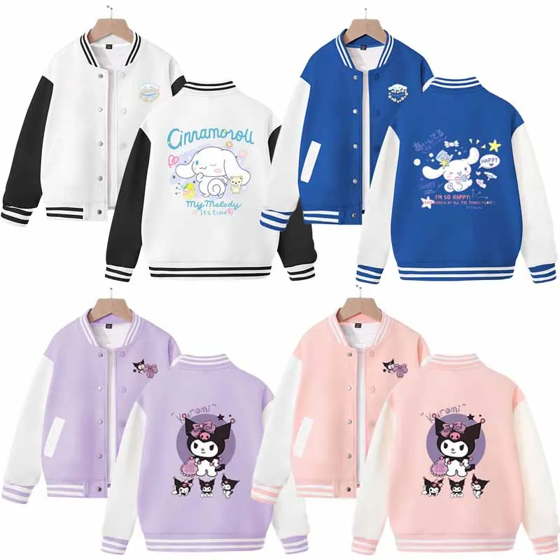

Sanrios Anime Cartoon Kuromi Cinnamoroll Children Spring Autumn Clothing Baseball Uniform Coat Girls Loose Long Sleeve Jacket
