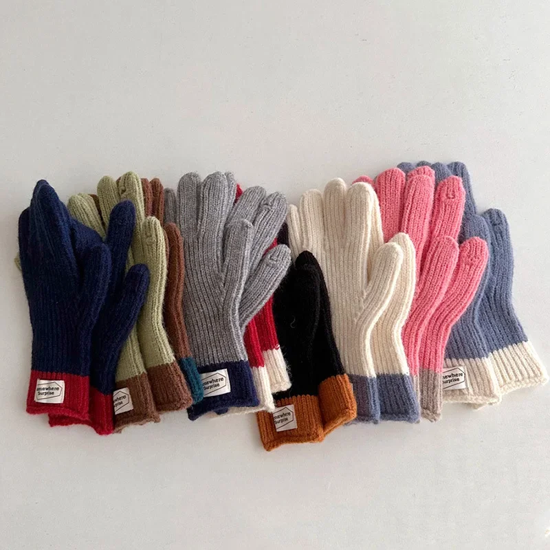 Winter Wool Kids Solid Gloves Thicken Children Baby Plush Furry Full Finger Knitted Mittens Autumn Outdoor Hand Warmer for 6-12Y 3