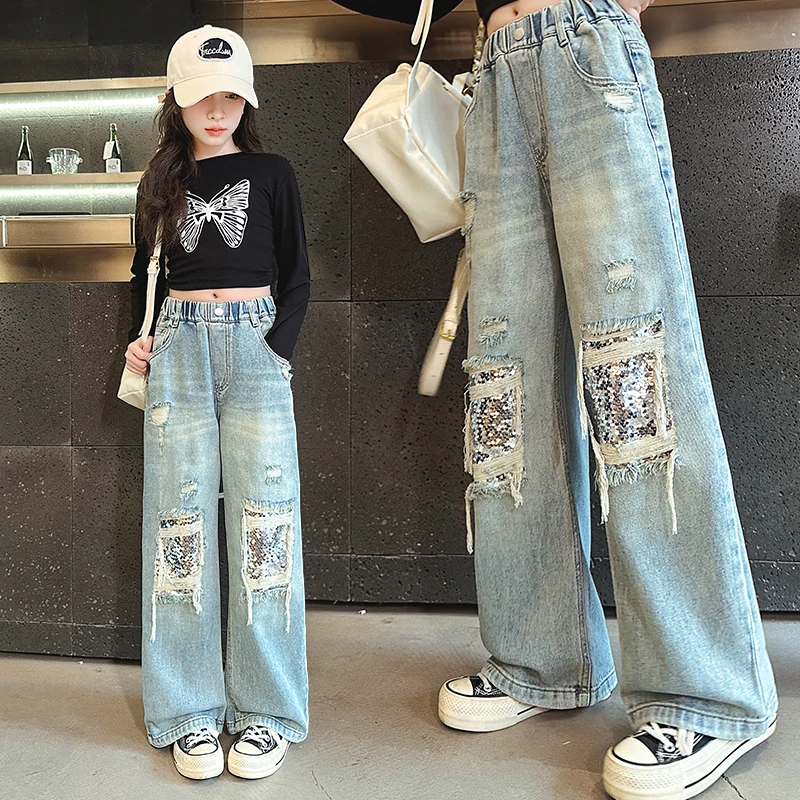 

2024 Spring and Autumn Girls' Ripped Jeans kids Personalized Sequined Loose Straight trousers Children's Pants 4-14 Years Old