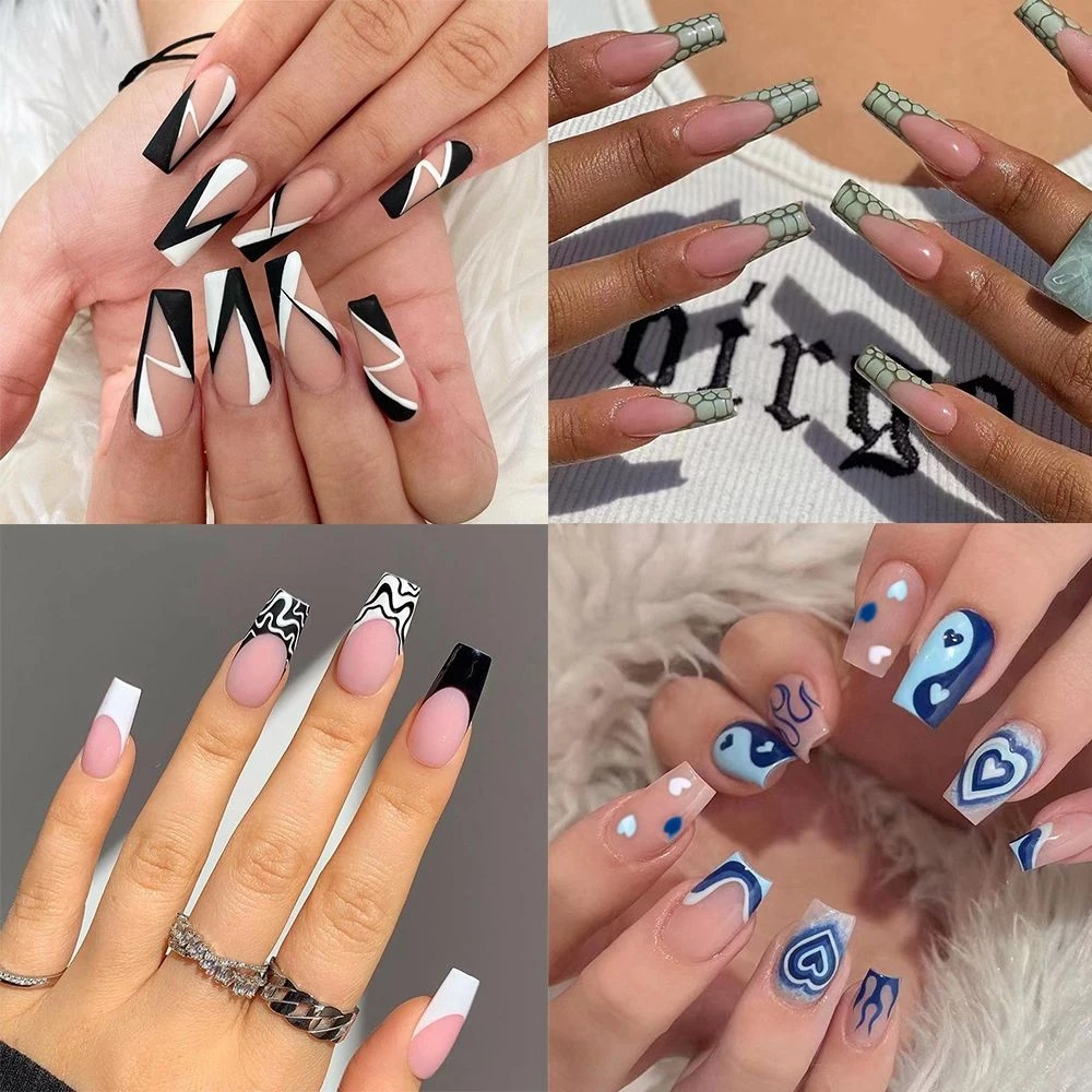 24pcs Fake Nails With Pattern Designs Long Coffin False Nails Press On Nail  French Ballerina Nails Nail Art Patch Nail Full Cove - False Nails -  AliExpress