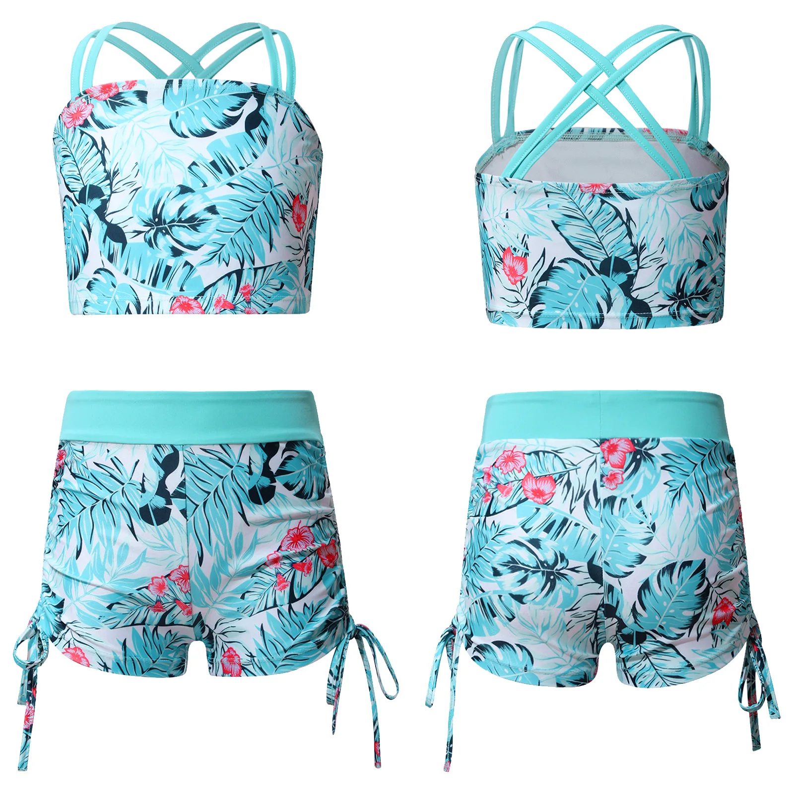 

Kids Girls Swimsuit 2023 Summer Print Spaghetti Straps Vest Tank Crop Top+Drawstring Shorts Set Bathing Suit Pool Beach Swimwear