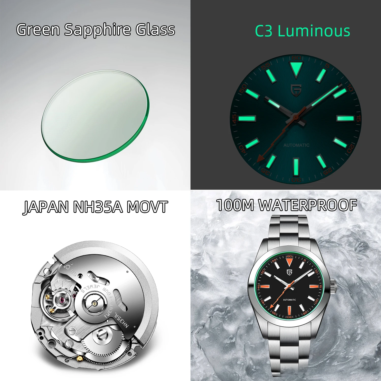 ページニ-高級機械式時計,グリーンガラス,サファイア,自動,男性