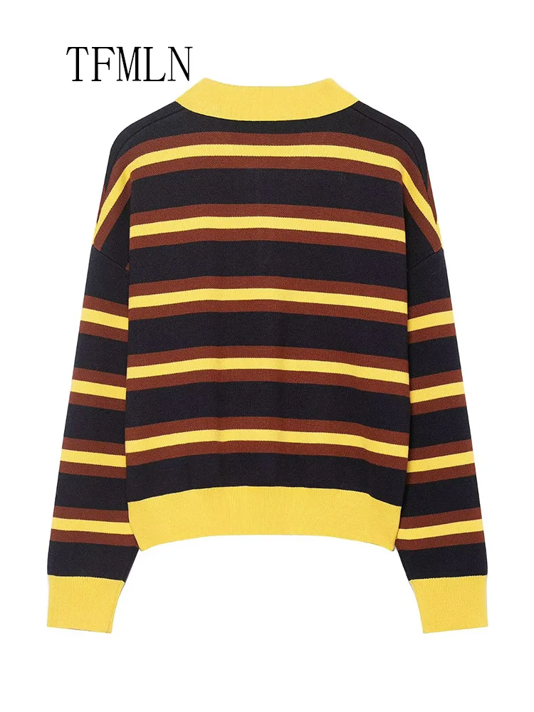 Simple 2025 Autumn Women Striped Knitted Sweaters Chic Causal Long Sleeve Pullover Tops Fashion Loose Polo Collar Knitwear