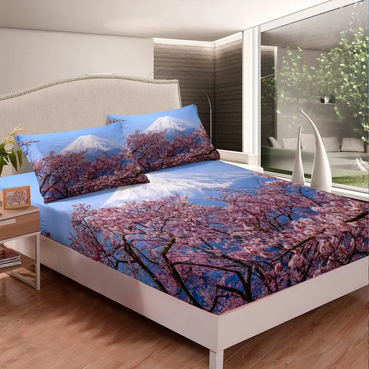 Fuji Mountain Pink Cherry Blossom Fitted Sheet Ethnic Kawaii Bedding