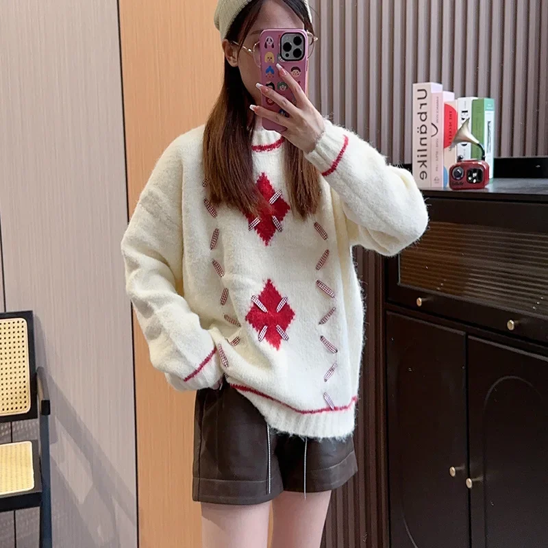 

Women's Lace Up Knitted Pullover Christmas Style Sweater Loose KnitWear 2023 Autumn/Winter Diamond Pattern Women Clothes