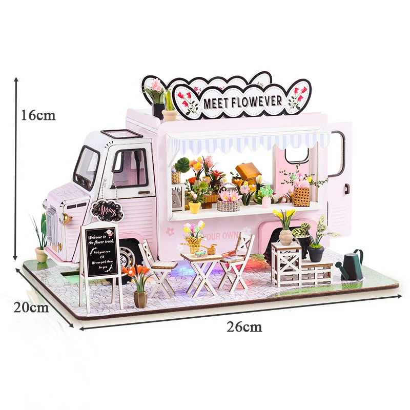 DIY Wooden Miniature Model Kit Flower Cart Casa Doll Houses 3D Puzzle Dollhouse With Furniture LED Lights for Friends Gifts 6