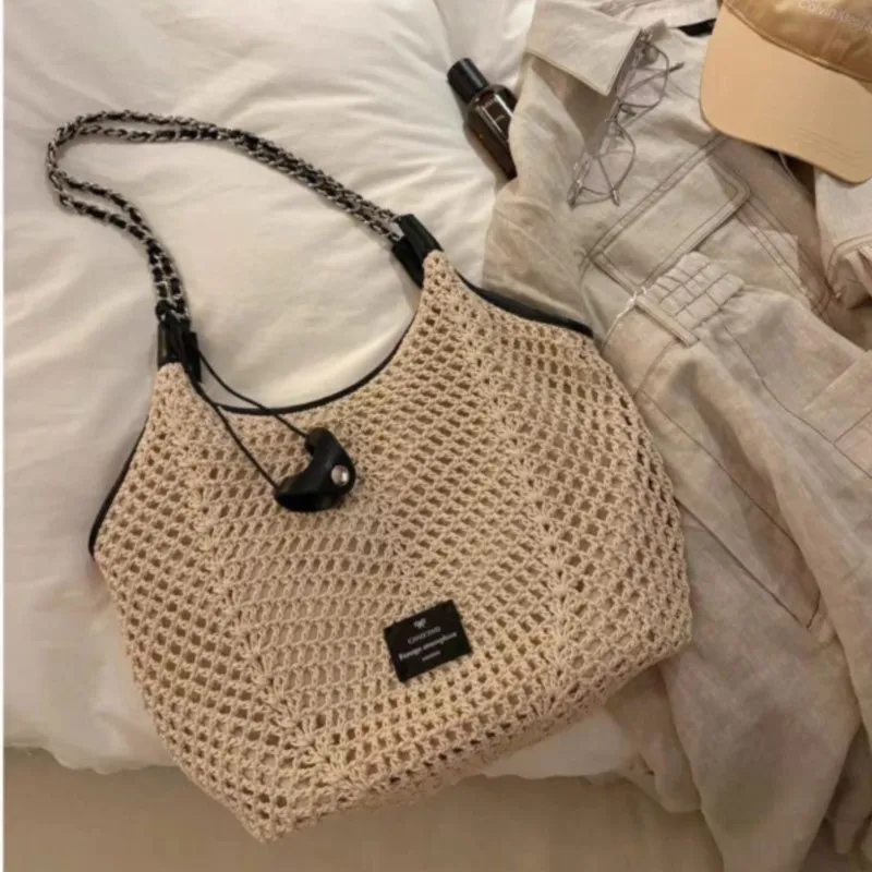 Beige Woven Grid Hollow Out Tote Bag Women Handmade Large Capacity Shoulder Bag Ladies Casual Seaside Vacation Beach Handbag New